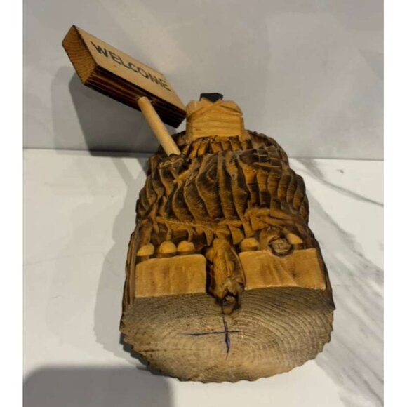 Vintage Hand Carved Solid Wood Bear Welcome Sign Figurine Rustic Cabin Decor - Picture 7 of 7